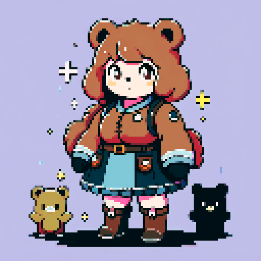 A graphic depiction of a chubby puffy bear in retro 1995 anime style, chibi form, pixel art, half body, ellipse head,with black puppet eyes and brown fur, styled with long twin pigtails. character is standing close to the camera. Wearing magical clothes with intricate belts and patches. Background of a wild magic night with a dark waterfall and bright stars. Created Using: classic anime aesthetics, detailed magical garments, enchanting night setting