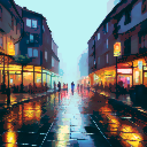 colorful umbrellas, wet cobblestone streets, towering skyscrapers, shimmering reflections in puddles, misty neon lights, people huddled under awnings, rain-soaked flowers, silhouettes of city dwellers with umbrellas, cascading water droplets on windows, a foggy skyline