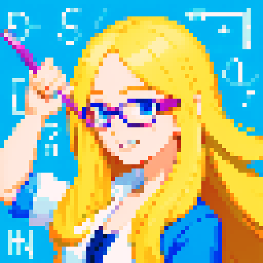 Smart girl with glasses, with average breasts, mathematics, playful, cheerful, smiling, with a pointer in her hand, face, long blond hair, character portrait, rendered in a vibrant anime style with intricate pixel art details