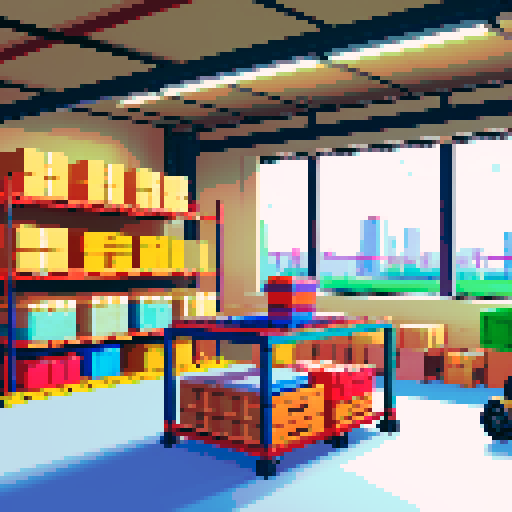 warehouse workstation with a conveyor belt and trolley filled with boxes, pixelated details, vibrant sRGB colors