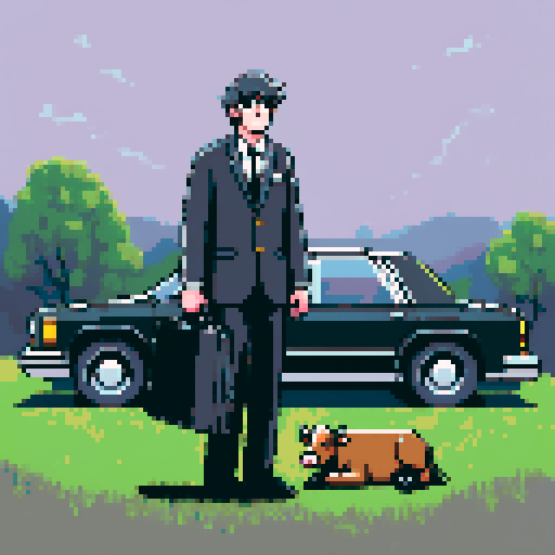 A tired-looking business man in a rumpled suit, carrying a worn briefcase and with cowlick hair, stands with slumped shoulders but a conviction on his face, smiling, in front of a black limousine with open doors, surrounded by a sunny yet rainy countryside meadow A cow grazes nearby as a water puddle forms on the ground, all depicted in vibrant 8-bit pixel art style