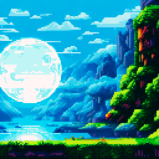 white, glowing, magical, electric orb, floating in space, wide image, sRGB, pixel art, background, landscape