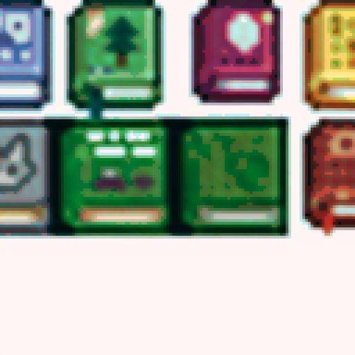 16 abstractly cute designed 14x15 pixel books in pastel tones, each with a fantasy cover themed of "attack_book, bomb_book, carpenter_catalogue, dagger_book, fishing_book, garbage_can_book, god_book, green_tea_book, immunity_book, lewis_shorts_book, luck_book, magnet_book, milk_book, ore_catalogue, rice_book, speed_book", showcasing a whimsical and vibrant fantasy RPG art style