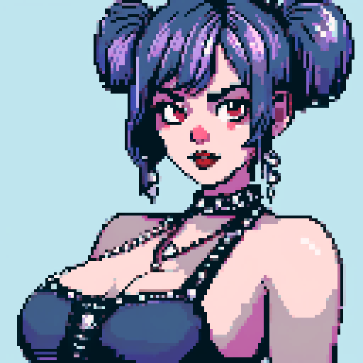 curvy, busty cute goth babe with studded collar, big titty goth wearing studded leather halter top. Large breasts. hair in buns. close up portrait, pixel art, sRGB