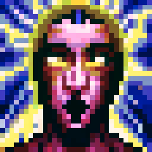 Psychosis, distorted facial features, pixelated details, sRGB palette, close-up shot, skill art, intense gaze, game icon, 32x32 pixel art, close-up portrait