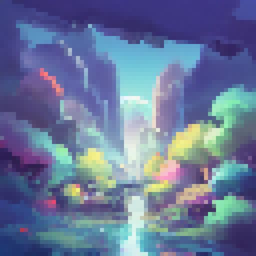 "Hyper-realistic, neon-lit cityscape towers over serene natural landscape with majestic mountain range and tranquil lake, all rendered in bold, contrasting colors and intricate details, perfect for a landscape portrait NFT."