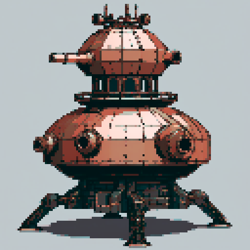 I want a tall vertical copper structure reminiscent of an autoturret. I want the base of the turret and it's gun to be separate. It should have strange mechanical details that could interlock with each other. I also want this object usable as an asset in a videogame, meaning only one object per image, outlined with a strong black stroke, on a solid-color background.