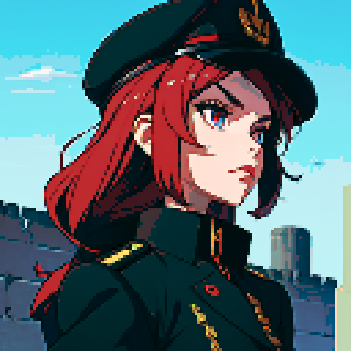 military general woman, black uniform, black hat, army behind her, fortress, evil