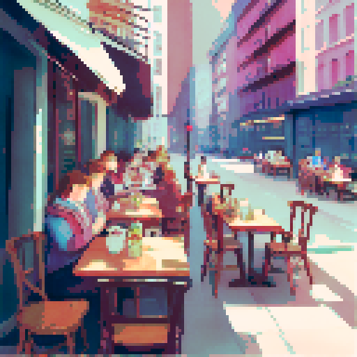 Cafe interior, bustling New York City morning, tired customers, lively conversations, steaming cups of coffee