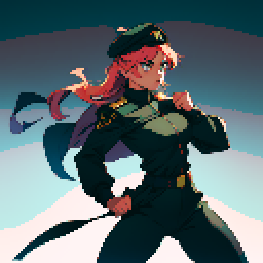 full-body image, muscle girl, female, thick biceps, big shoulders, big fists, muscular physique, thick waist, facing left, ready to fight, exaggerated proportions, black military uniform, black hat, military backdrop, sRGB, pixel art, no background, no backdrop, facing left, fists raised, ready to fight, full-body