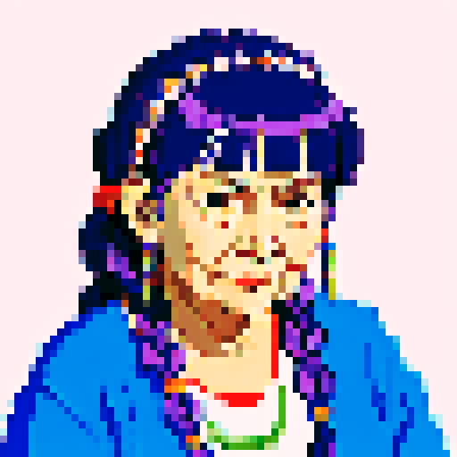 elderly native American woman with purple hair in short braids, and a soft smile