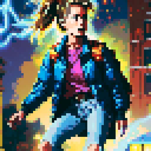 8-bit style portrait with vibrant, retro colors, showcasing a pixelated character in a dynamic pose against a black background, reminiscent of classic video games