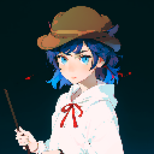 Girl, blue eyes, short hair, no emotion, white shirt, brown hat, red neck ribbon, holding an incense stick, night forest background