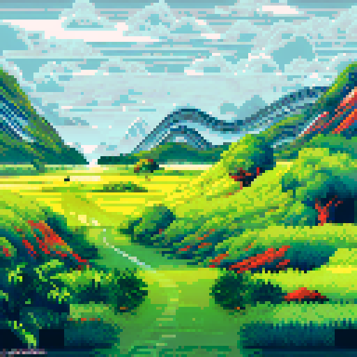Lush, green landscape with high-tech elements, rendered in sRGB pixel art style