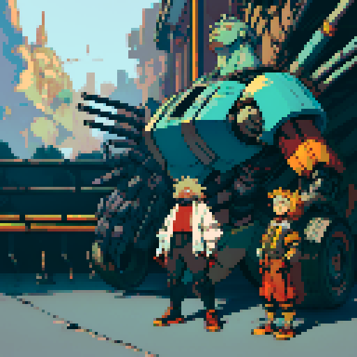 fat mad scientist, facing left, full-body image, exaggerated features, pixelated details, giant robot, mechanical limbs, robot workshop backdrop, sRGB color palette