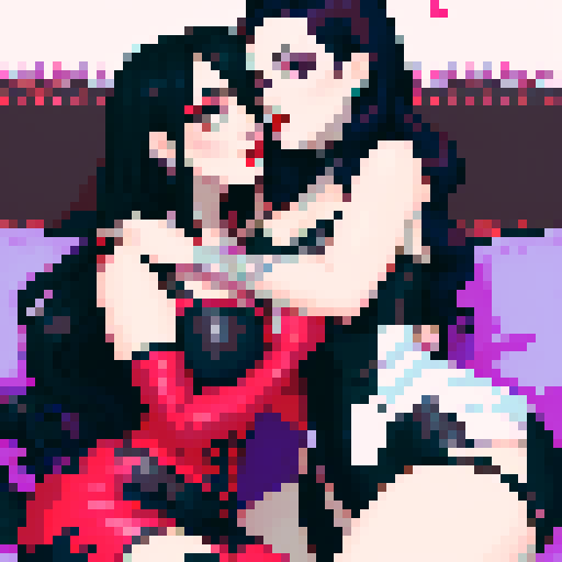 curvy, cute goth girls with black hair, purple eyeshadow, and red lipstick, in love, kissing, embracing each other, pixel art style, sRGB