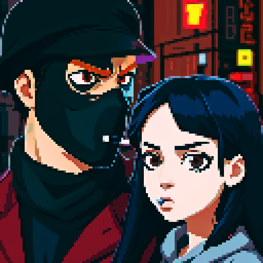 Girl on the right smoking a cigarette, guy on the left holding a gun with a black mask covering half his face showing only his eyes, gritty, rainy, nighttime, downtown