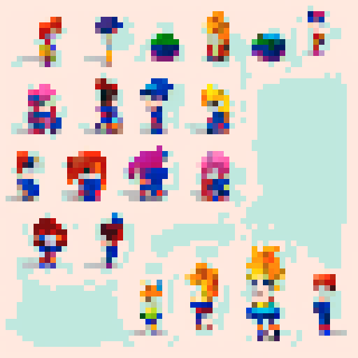 Animation character sheet, cute and vibrant protagonist, with big expressive eyes, flowing and bouncy pixel art hair, wearing a colorful and dynamic pixel art outfit, in a lively and energetic pixel art environment, surrounded by whimsical creatures and challenging platforming obstacles