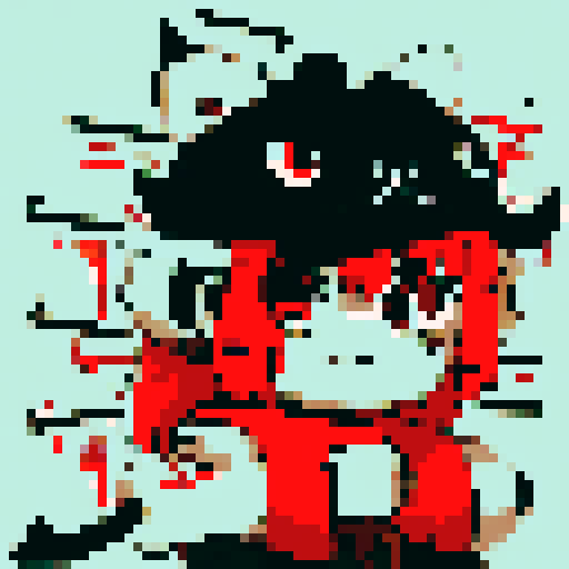 "Red-haired daemon with sea-green eyes stares menacingly into the distance, gripping an axe tightly, captured in a close-up character portrait depicting an anime style with pixel art elements."