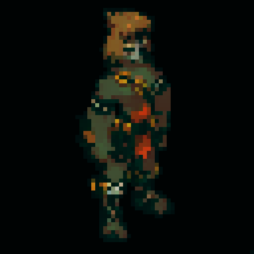 A pixel-art fighter for a 1v1 2D fighting game. The fighter is a “human” dog. See reference image.