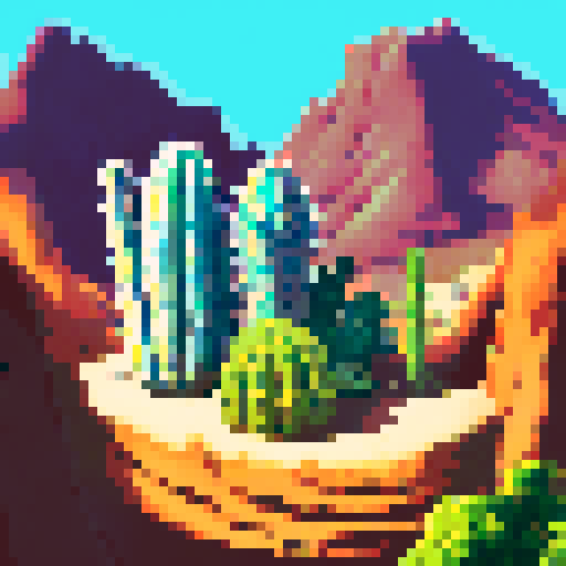 16 bit pixel art background of a desert landscape with a couple of cactus with a flat part for people to stand on in the foreground and desert mountains and rock structures in the background