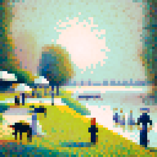 Mimic Georges Seurat’s pointillist technique by translating the details of the image into small, evenly spaced pixels with soft, blended colors. Focus on subtle, muted tones to evoke Seurat’s impressionist style, creating a calm and serene atmosphere. Ensure that the pixelated image reflects the original composition but maintains the abstract, dotted feel of pointillism, while avoiding vivid or harsh colors, opting instead for smooth, harmonious transitions between shades.
