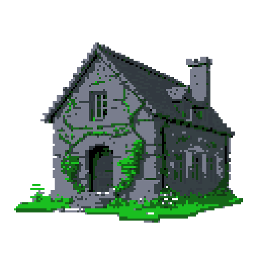 2d grey stone house in an ancient english style. Old and crumbling but still upright. Green vines crisscross it. Usable as an asset (clear, thick lines and a white background). Put a black stroke around the composition
