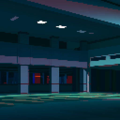 empty mall viewed from the inside, wide dark corridors, large pillars, somber mood, nostalgic feel, retro