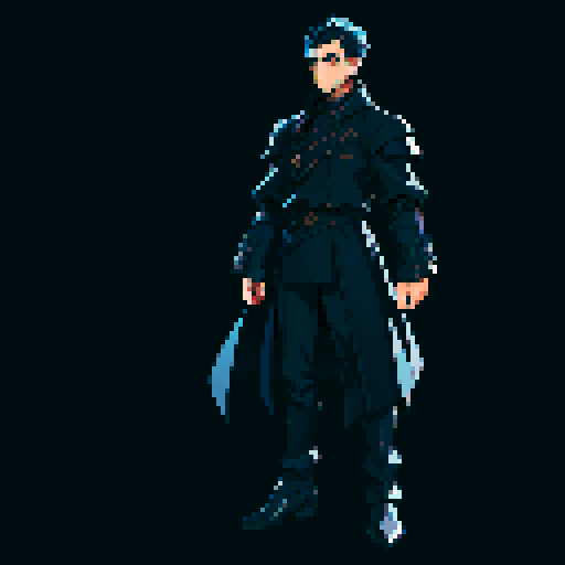 T-pose. Male. Full body. Short, dark blue hair. Black coat. Thin, covert, black armor underneath the coat. Better facial features