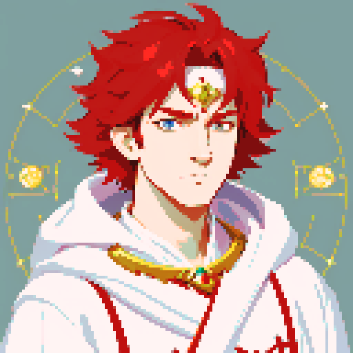 red headed male wizard with regal white robes, adorned with astrological symbols, in a pixel art style with vibrant sRGB colors