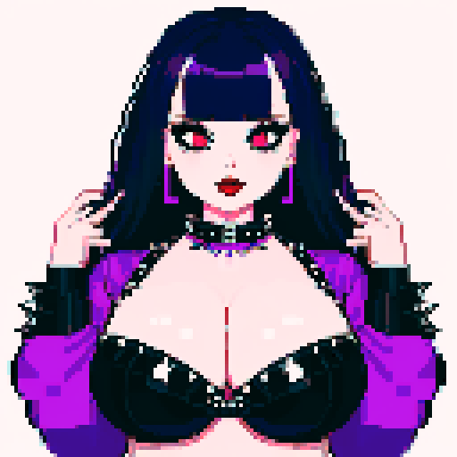 Plus size, busty goth girl face, purple hair, black eyeshadow, red lipstick, bikini, studded collar, sexy seductive glamour shot. vibrant srgb colors, pixel art, edgy aesthetic
