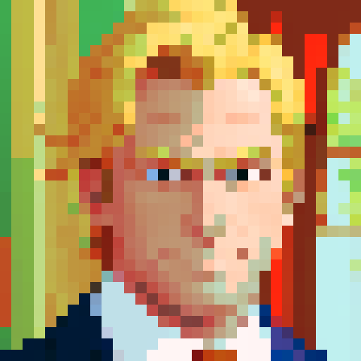 pixel art, 32x32, confident blonde man with orange-tinted skin, swept-back hair, wearing navy blue suit, red tie, and white shirt, smirking expression, bust-up portrait, simple light background, bold and cartoonish style
