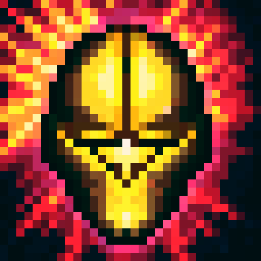Metallic knight helmet with purple details, surrounded by fiery purple and green flames, in a close-up portrait style perfect for a skillful 32x32 pixel art game icon in sRGB color