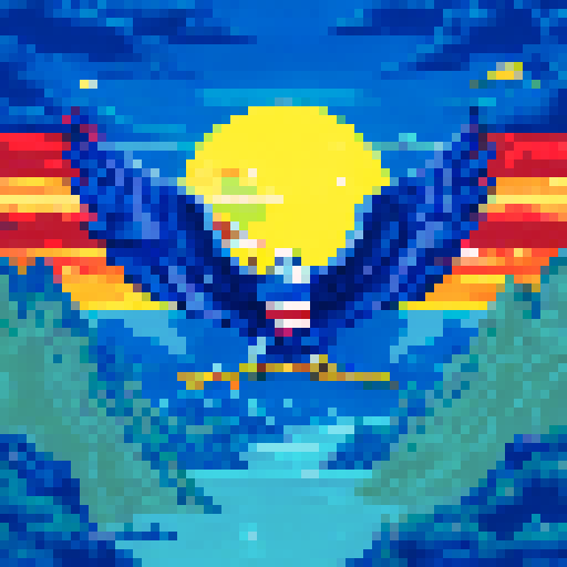 eagle, majestic, soaring, powerful wings, fierce gaze, American flag, patriotic colors, detailed feathers, vibrant background, scenic landscape, sRGB, pixel art