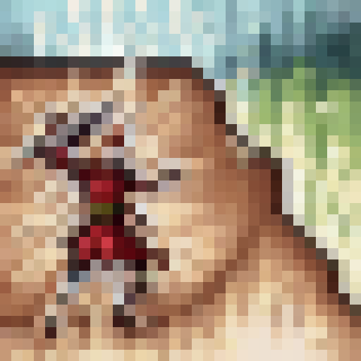 Samurai warrior with raised katana, surrounded by cherry blossom trees, fierce expression, draped in red cape, anime-style close-up, vibrant and dynamic game icon, 32x32 pixel art, sRGB, skill art, portrait.