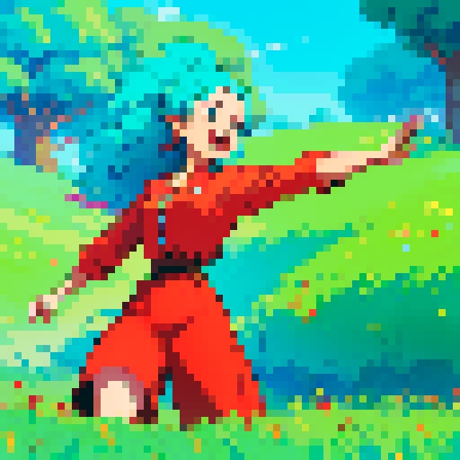 person wearing a vibrant red shirt, pressing a glowing turquoise video game button with excitement, surrounded by lush green grass and a clear blue sky, all depicted in a pixel art style with vivid sRGB colors