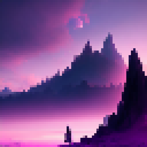 Pink mountain, purple sky, and a dark castle silhouette serve as the backdrop for a sleeping vampire, their body illuminated by neon hues in a fantastical RPG world.
