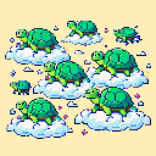 the pixelated green turtles have no choice but to flee on their pixelated clouds.