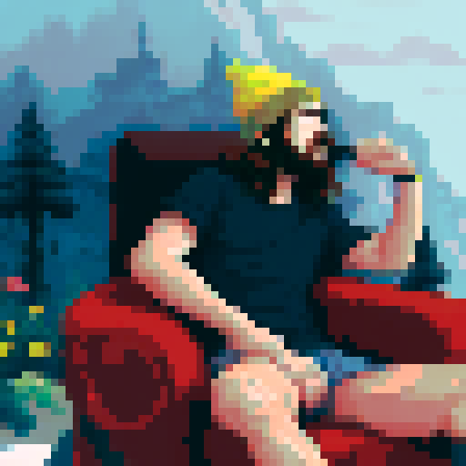 crazy long brown hair, cool guy thinking in his chair, pixel art, sRGB, small room landscape, yellow beanie hat, scratching his chin, pixelated backdrop, vibrant colors