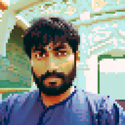 handsome indian man, vibrant colors, pixelated details, sharp edges, sRGB color space