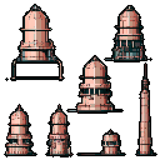 I want a copper structure reminiscent of the base of a gun turret, seen from a head on two dimensional perspective. The design should be relatively simple. I also want this object usable as an asset in a videogame, meaning only one object per image, outlined with a strong black stroke, on a solid-color background.