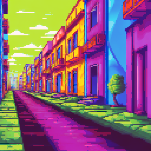 Peaceful streets in Mexico City, with vibrant houses, on a sunny day, with no one outside, no cars, no animals, no people with a side scroll view