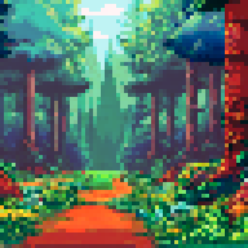 Forest background, tall green trees, sunlight beams, small dirt trail, birch trees, oak trees, dogwood trees, rocks, grass, flowers, mushrooms, plant life, sRGB, pixel art, landscape