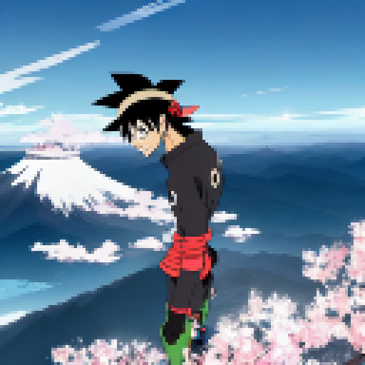 Zoro stands atop Mount Fuji, his three black blades gleaming in the anime-style sun, as a flock of cherry blossom petals swirl around him in the wind.