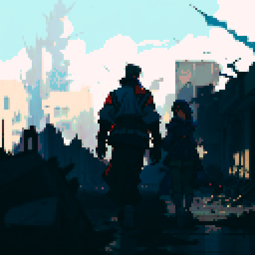 royal space force the wings of honnêamise soldier walking towards blown out war torn building, colorful but not bright