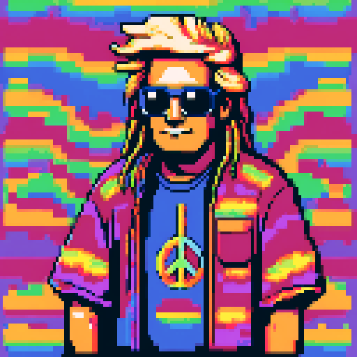 donald trump, tye dye shirt with peace sign, dreadlocks and sunglasses, pixel art, sRGB