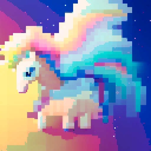 majestic white unicorn, vibrant rainbow mane and tail, sparkling horn, ethereal glow, mesmerizing pixel art