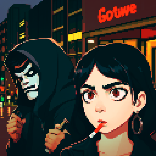 Girl on the right smoking a cigarette, guy on the left holding a gun with a black mask covering half his face showing only his eyes, gritty, rainy, nighttime, downtown
