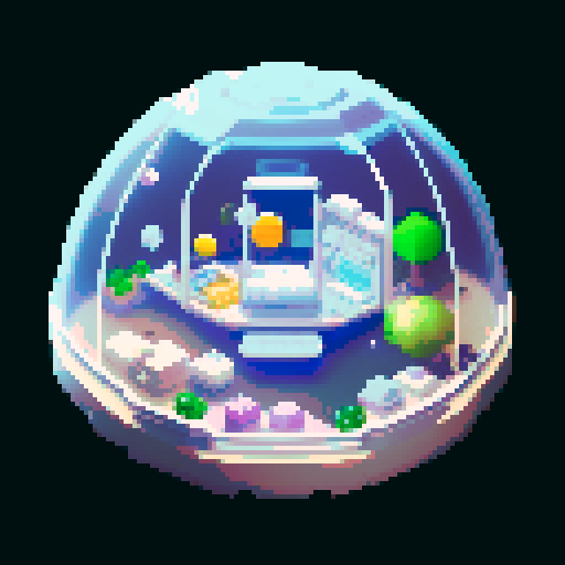 gachapon spaceship, clear top half, space sleeping pod, glass top, cozy white space theme, pixel art