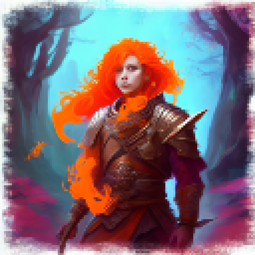 Orange-haired warrior portrait, wielding a glowing sword amidst a mystical forest, with dragons and magic runes in the background.